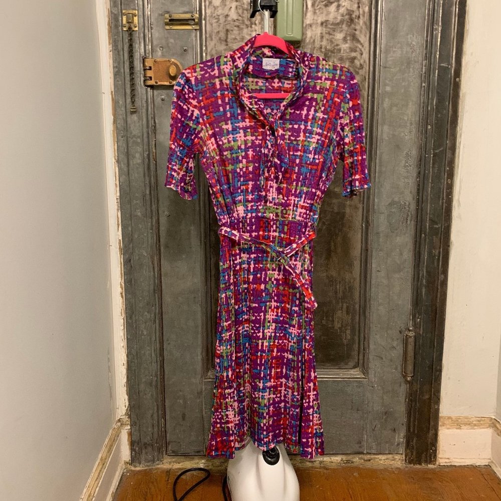 Vintage 60s 70s Nelly Don bright colorful midi wiggle dress with belt neck tie